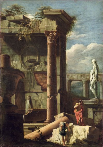 Antikes Gebäude mit Statue und dekorativen Figuren, 1720-25 von Marco Ricci